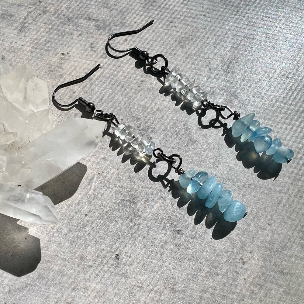 Boho Aquamarine + Opal Gunmetal Dangle Earrings